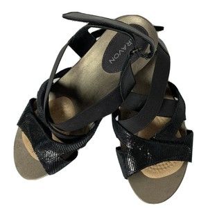 Aravon Standon X Strap Slingback Wedge Sandal Black Leather ABI05BK Women's 11D